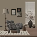 Patterned Lounge Chair With Throw Blanket Floor Lamp Decorative Artworks And Cozy Rug