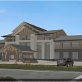 Traditional Modern Office Building With Pitched Roof Wooden Accents Large Windows And Lawn Area