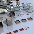 Diverse Medical Equipment Assortment Featuring Surgical Tables Instrument Stands And Trays