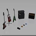 Various Colored Electric Guitars Amplifiers And Effect Pedals Music Equipment