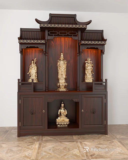 Traditional Wooden Buddhist Altar Cabinet With Golden Buddha Statues And Classic Roof Design 3d model 