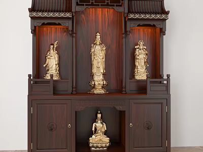 Traditional Wooden Buddhist Altar Cabinet With Golden Buddha Statues And Classic Roof Design 3d model