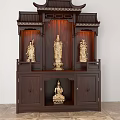 Traditional Wooden Buddhist Altar Cabinet With Golden Buddha Statues And Classic Roof Design
