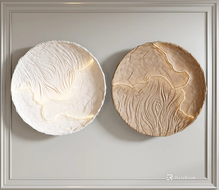 Two Circular White and Beige Textured Wall Decor with Illuminated Patterns on Light Colored Wall 3d model 