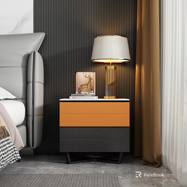 Modern Bedside Table with Orange and Gray Drawers Lamp and Decorative Items 3d model