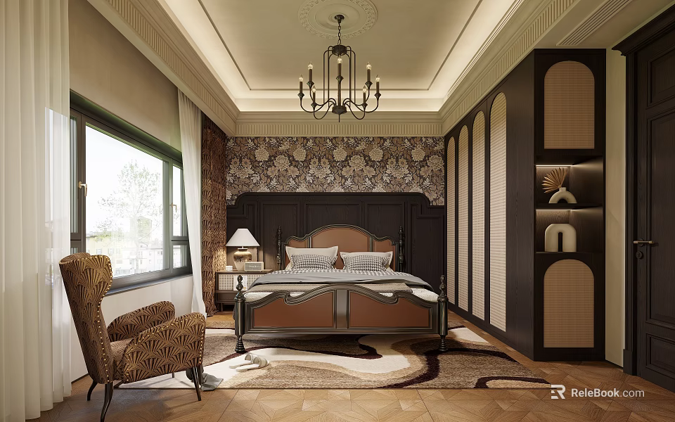 Elegant Classic Bedroom Interior With Floral Wallpaper Chandelier And Wicker Chair 3d model 