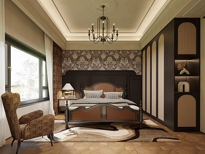 Elegant Classic Bedroom Interior With Floral Wallpaper Chandelier And Wicker Chair 3d model