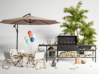 BBQ Grill BBQ Outdoor Table and Chair Camping Table and Chair Coconut Tree Parasol 3d model