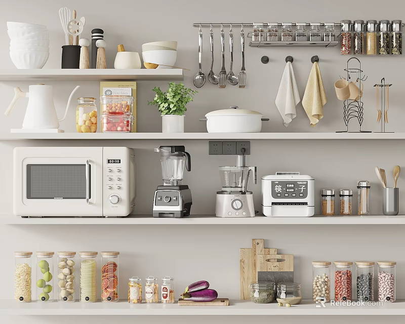 Glass Spice Jars On Organized Kitchen Shelves With Cooking Utensils And Small Appliances 3d model 