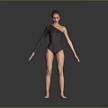 Woman in black one shoulder leotard standing barefoot on reflective floor with gray gradient background