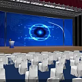 Modern Conference Hall Setup Featuring Blue Lighting Large Screen Eye Graphic And Seats