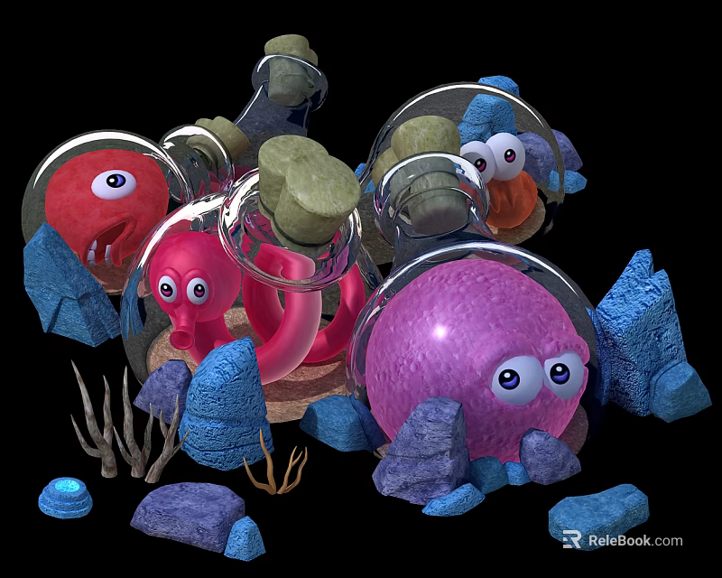 Playful Animated Game Movie Characters With Big Eyes Colorful Bodies And Blue Rocks 3d model 