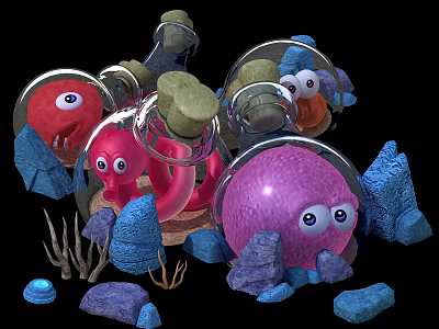 Playful Animated Game Movie Characters With Big Eyes Colorful Bodies And Blue Rocks 3d model