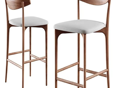 Modern Wooden Bar Stools With Backrest And Light Gray Padded Seats 3d model