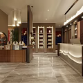 Elegant Boutique Interior With Wooden Shelves Round Mirror Display Counter And Warm Lighting