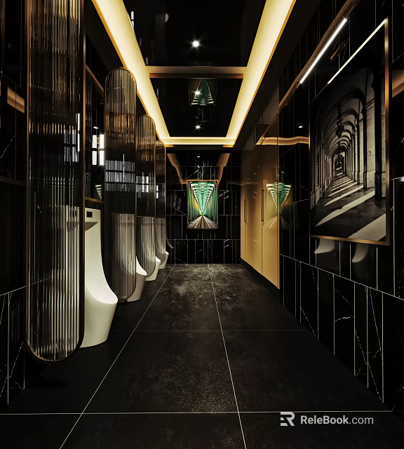 Modern Public Restroom Interior With Marble Walls Black Flooring White Urinals And Modern Lighting Design 3d model 