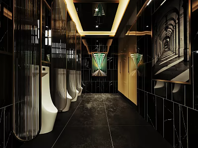 Modern Public Restroom Interior With Marble Walls Black Flooring White Urinals And Modern Lighting Design 3d model
