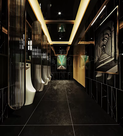 Modern Public Restroom Interior With Marble Walls Black Flooring White Urinals And Modern Lighting Design 3d model