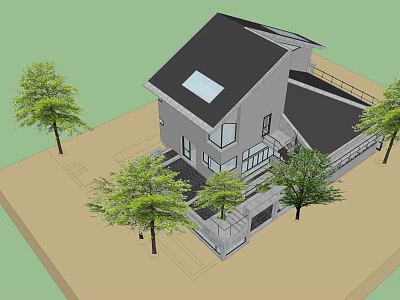 Modern Homestay Building with Gray Exterior Black Roof Skylight Green Trees and Outdoor Terrace 3d model