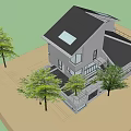 Modern Homestay Building with Gray Exterior Black Roof Skylight Green Trees and Outdoor Terrace