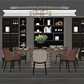 Elegant Restaurant Interior With Round Dining Table Wine Cabinet Chandelier Green Plants And Marble Flooring