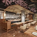 Cozy Japanese Restaurant Interior With Cherry Blossom Decor Wooden Flooring And Dining Tables Chairs