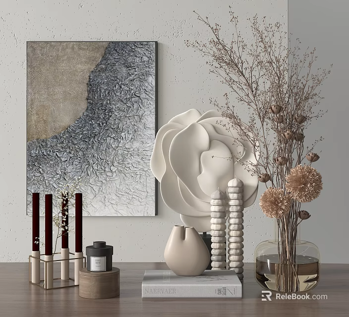 Abstract Painting White Flower Sculpture Dried Flowers Vase And Decorative Candles 3d model 