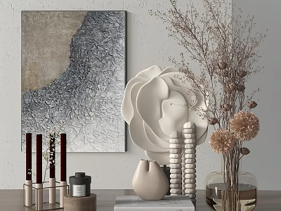 Abstract Painting White Flower Sculpture Dried Flowers Vase And Decorative Candles 3d model