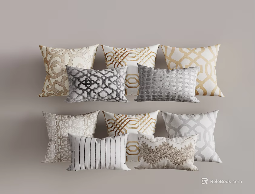 Decorative Throw Pillows In Neutral Tones With Geometric And Striped Patterns 3d model 