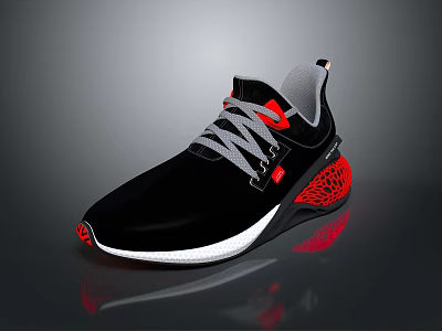 Modern Black Sports Sneakers With Red Texture Details On Sole And Gray Laces 3d model