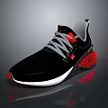 Modern Black Sports Sneakers With Red Texture Details On Sole And Gray Laces