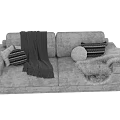Modern Gray Fabric Double Sofa With Striped Pillows And Fuzzy Throws 3d model