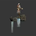 White Winged Warrior Standing on Rocky Outcrop Holding Bow by Flowing Waterfall
