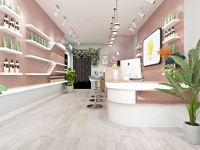 Modern Specialty Store Interior with Pink Walls White Shelves Green Plants and Counter 3d model
