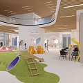 Hotel Lobby Interior With Wooden Ceiling Curved Structure Reception Desk And Colorful Children's Area