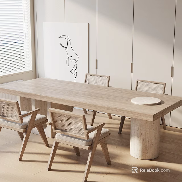 Minimalist Wooden Dining Table Set With Wicker Back Chairs And Natural Tones 3d model 