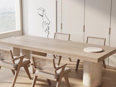 Minimalist Wooden Dining Table Set With Wicker Back Chairs And Natural Tones 3d model