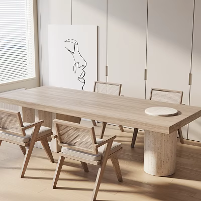 Minimalist Wooden Dining Table Set With Wicker Back Chairs And Natural Tones 3d model