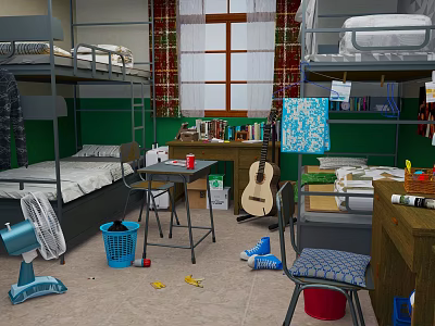 Dorm Room Interior With Bunk Beds Green Walls Plaid Curtains Desk Guitar And Scattered Items 3d model