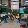 Dorm Room Interior With Bunk Beds Green Walls Plaid Curtains Desk Guitar And Scattered Items