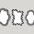 Three Stylish Mirrors With Black And White Checkered Frames And Irregular Shapes On Wall