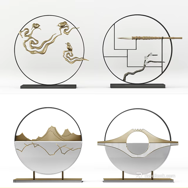 Modern Chinese Decorative Ornament Set With Circular Design And Golden Mountain Patterns 3d model 