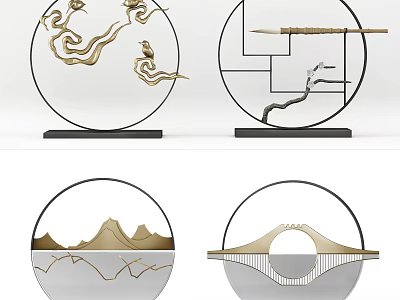 Modern Chinese Decorative Ornament Set With Circular Design And Golden Mountain Patterns 3d model