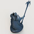 Dark Colored Warrior Sculpture With Detailed Armor Holding Spear And Cloak