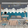 Kids Room Design With Blue Cloud Moon Star Wall Decor Pink Bench And Stuffed Toy