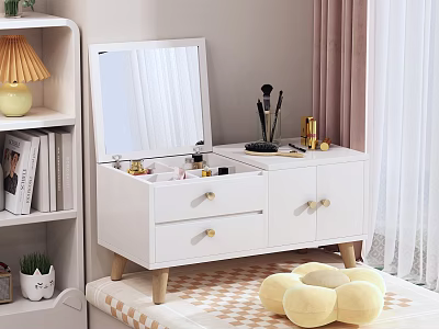 White Dressing Table With Mirror Drawers Wooden Legs Cosmetics And Makeup Brushes Near Bookshelf 3d model