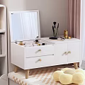 White Dressing Table With Mirror Drawers Wooden Legs Cosmetics And Makeup Brushes Near Bookshelf