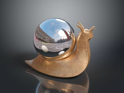 Artistic Golden Snail Sculpture With Transparent Sphere Reflecting Building And Sky 3d model