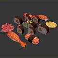 Shrimp Sushi And Various Sushi Rolls With Lemon Slice And Decorative Flower