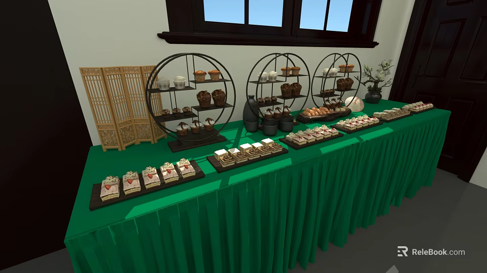 Elegant Tea Break Area With Green Tablecloth Long Table Pastries Tea Sets And Bamboo Screen 3d model 